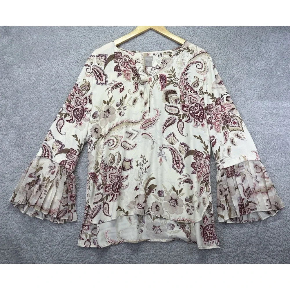 Chicos Womens 2 L Floral Paisley Tunic Top Beige Pink V Neck Bell Sleeve Boho